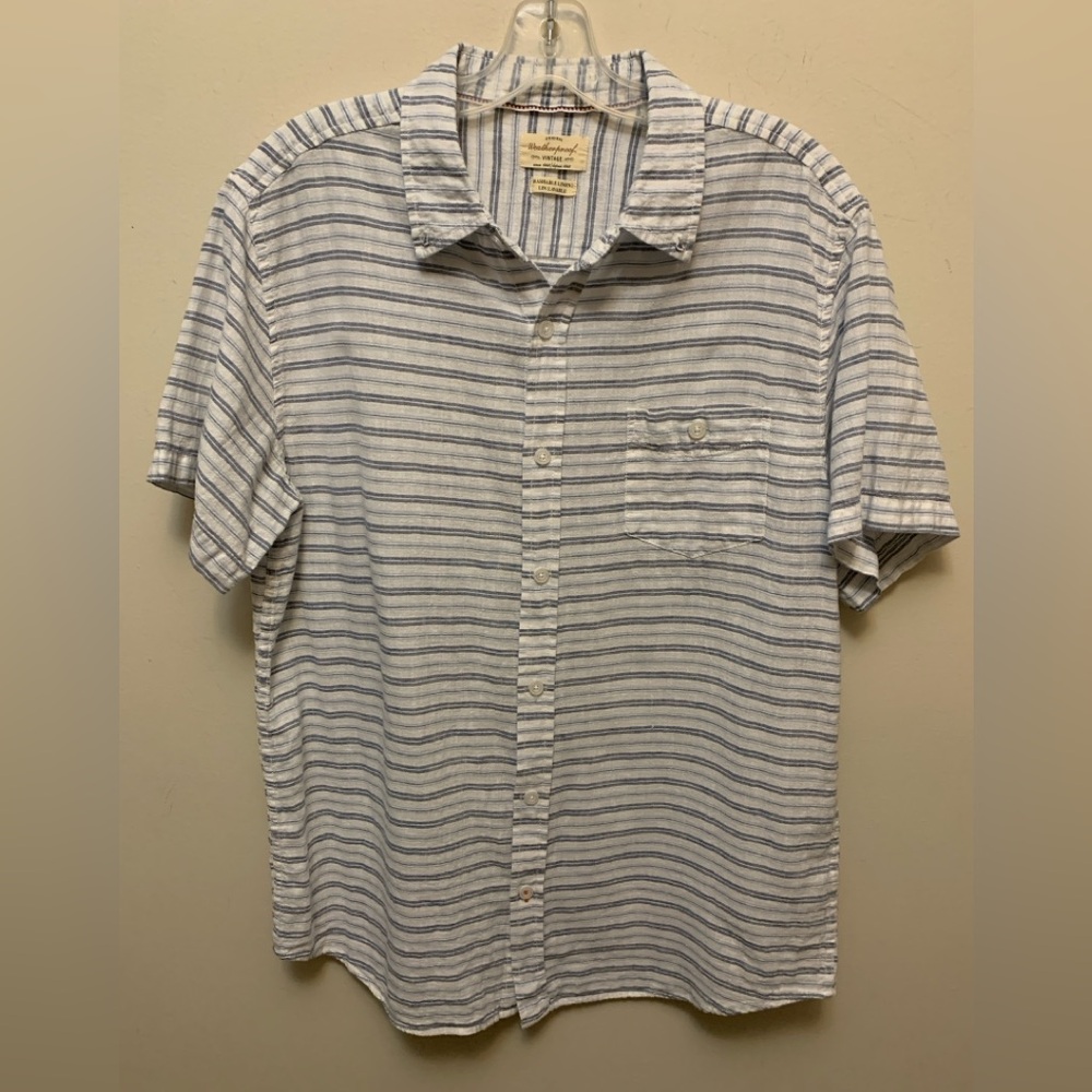 WEATHERPROOF Men's Linen Striped Shirt - Blue and White